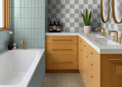 Blue Vertical Tile Tub Surround with Checkered Feature Wall | Tiles Gone Wild Newburyport MA