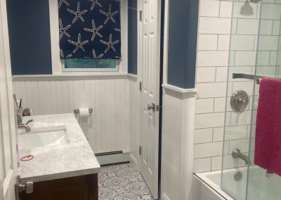 Coastal-Inspired Bathroom Featuring Blue Patterned Floor Tile | Newburyport MA Tile Design