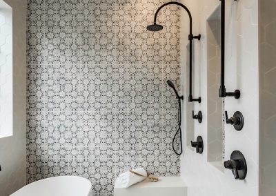 Contemporary Bathroom with Bold Patterned Tile and Dual Rain Showerheads - Newburyport MA