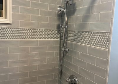 Contemporary Bathroom with Gray Subway Tile and Penny Mosaic Feature | Newburyport MA