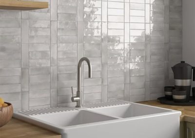 Contemporary Kitchen with Vertical Glossy Tile Feature Wall | Newburyport MA