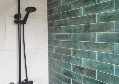 Contemporary Shower Featuring Rich Green Wall Tile | Newburyport MA