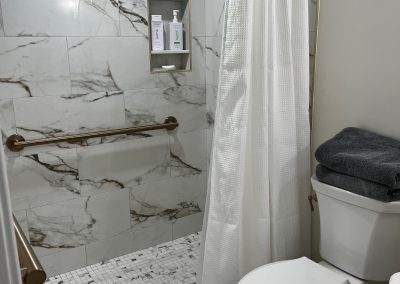 Contemporary Shower with Marble-Style Tile and Penny Mosaic Floor | Tiles Gone Wild
