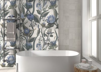Elegant Bathroom Featuring Artistic Floral Wall Tile and Soft Neutral Floor | Newburyport MA