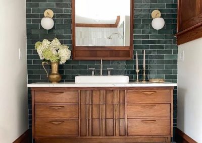 Green Subway Tile Backsplash with Warm Brown Vanity | Tiles Gone Wild Newburyport MA