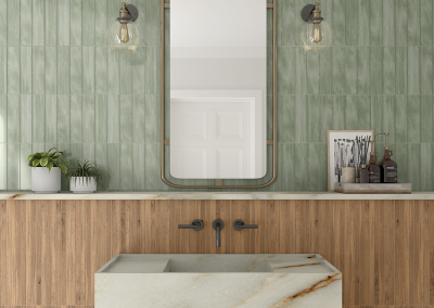 Green Vertical Tile Backsplash in Modern Spa Bathroom | Tiles Gone Wild Newburyport MA