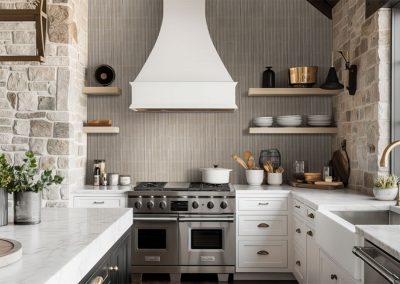 Modern Farmhouse Kitchen with Textured Vertical Tile & Natural Stone | Newburyport MA