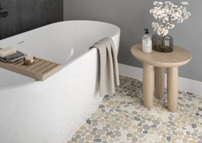 Natural Pebble Tile Bathroom Floor with Freestanding Tub | Tiles Gone Wild Newburyport MA