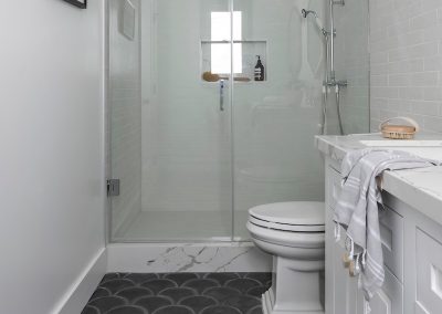 Scallop Pattern Tile Flooring in Bright Modern Bathroom | Tiles Gone Wild