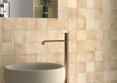 Soft Beige Bathroom Tile with Textured, Artisan Finish | Newburyport MA Tile Design