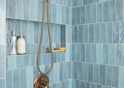 Spa-Inspired Shower with Glossy Aqua Tile and Storage Niche | Newburyport MA Tile Design