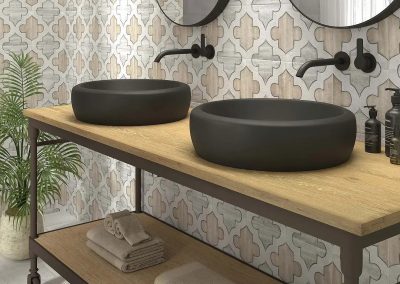 Tan Moroccan-Style Patterned Tile Vanity Wall | Tiles Gone Wild Newburyport MA
